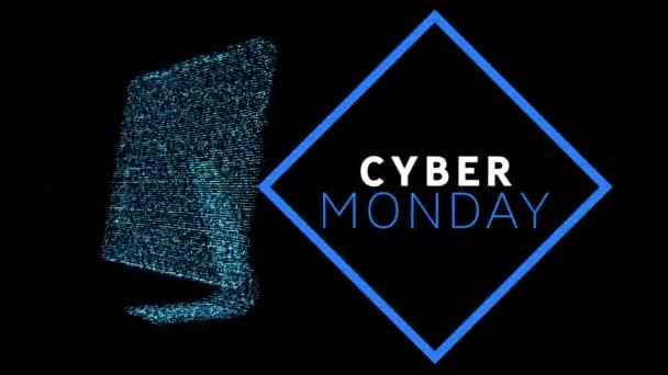 Siber Pazartesi Kelimelerini Siyah Arkaplanda Dönen Bir Bilgisayar Monitörüyle Mavi — Stok video