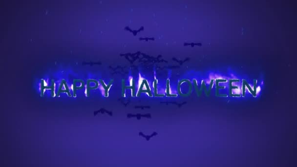 Animation Words Καλή Halloween Στις Φλόγες Ιπτάμενες Νυχτερίδες Μπλε Φόντο — Αρχείο Βίντεο