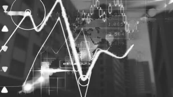 Animação Processamento Dados Gráficos Negócios Estatísticas Com Paisagem Urbana Segundo — Vídeo de Stock