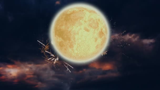 Animation de paysages d'hiver la nuit avec le Père Noël en traîneau tiré par des rennes, des feux d'artifice et la lune 