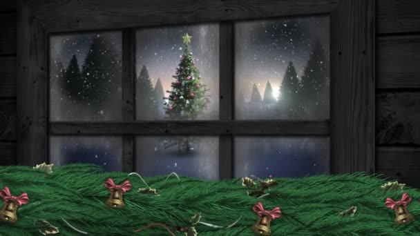 Animation Winter Scenery Seen Window Snowfall Christmas Tree Fir Trees — Stock Video