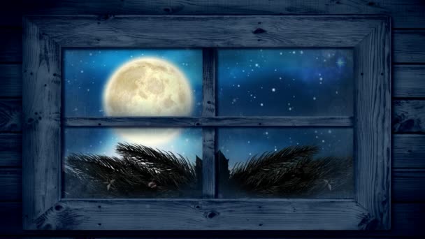 窓から見る冬の風景のアニメーション トナカイによって引っ張らそりでサンタクロースと 月とモミの木 — ストック動画