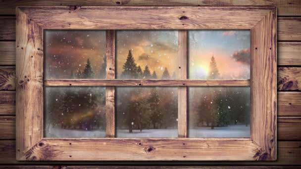 Animación Paisajes Invernales Vistos Través Ventana Con Nevadas Abetos — Vídeos de Stock