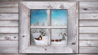 Pencereden görülen kış manzarasının animasyonu, kar yağışı, evler ve köknar ağaçları
