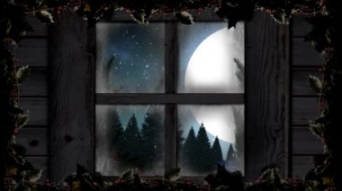 Pencereden görülen kış manzarasının animasyonu, Noel Baba 'nın kızakla çekilmesiyle ren geyikleri, kar yağışı, ay ve köknar ağaçları tarafından çekiliyor.