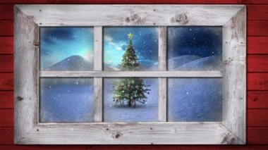Pencereden görülen kış manzarasının animasyonu, kar yağışı ve bir Noel ağacı
