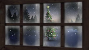 Pencereden görülen kış manzarasının animasyonu, kar yağışı, Noel ağacı ve köknar ağaçları