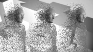 Beyaz desenli arka planda gri parçacıklardan oluşan üç insan vücudunun animasyonu