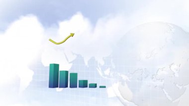 Mavi blok grafiğinin animasyonu ve sarı ok hareketli bir dünya haritasının arka planında ve mavi gökyüzündeki bulutlarda büyümeyi gösteriyor.