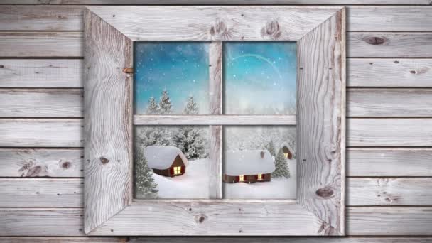 Pencereden Görülen Kış Manzarasının Animasyonu Kar Yağışı Evler Köknar Ağaçları — Stok video