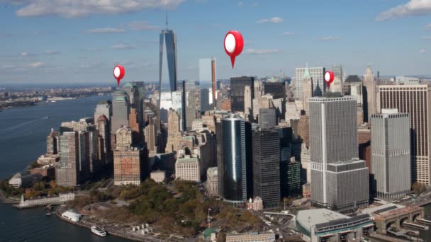 Animação Três Ícones Pino Localização Vermelho Aparecendo Sobre Edifícios Uma — Vídeo de Stock