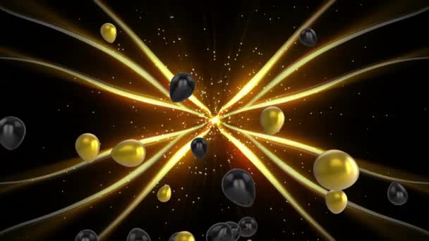 Animación Globos Dorados Negros Brillantes Flotando Contra Rayos Ondulados Luz — Vídeos de Stock