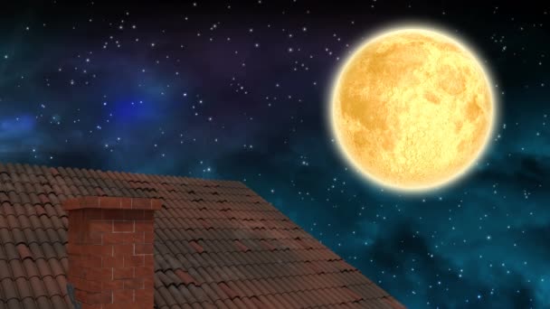 Animasi pemandangan musim dingin di malam hari dengan bintang jatuh, bulan dan rumah