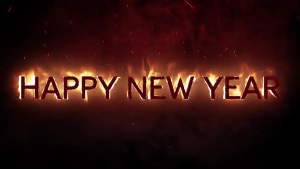Animación Las Palabras Feliz Año Nuevo Llamas Sobre Fondo Negro — Vídeo de stock