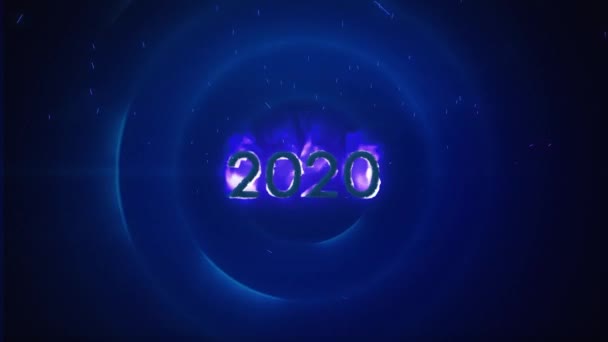 蓝色背景的圆形火焰中2020年数字的动画 — 图库视频影像