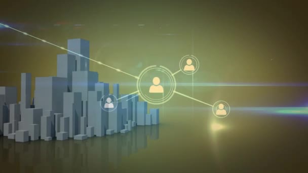 Анимация Сети Соединений Икон Людей Вращающейся Серой Архитектурной Моделью Города — стоковое видео