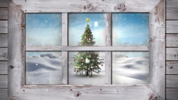 Animation Winter Scenery Seen Window Snowfall Christmas Tree — Stock Video