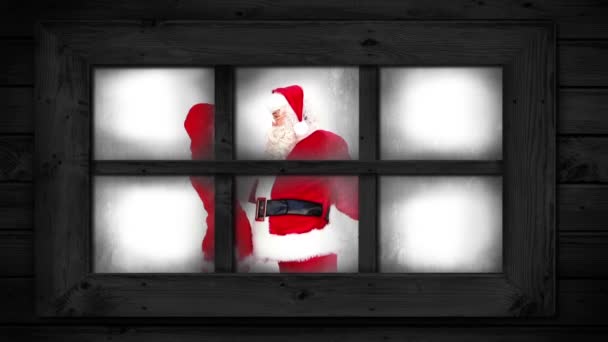 透过窗户看到的冬季风景的动画 圣诞老人送礼 — 图库视频影像