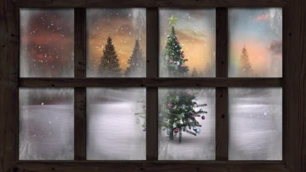 雪とクリスマスツリーとモミの木と窓から見える冬の風景のアニメーション — ストック動画
