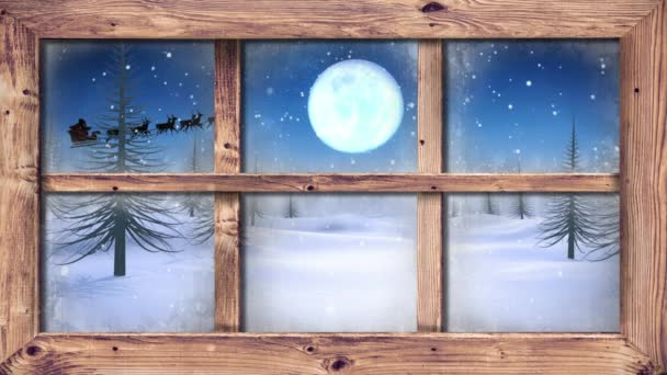 Animación Paisajes Invernales Vistos Través Ventana Con Santa Claus Trineo — Vídeo de stock