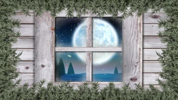 Animación Paisajes Invernales Vistos Través Ventana Con Santa Claus Trineo — Vídeos de Stock