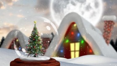 Kar küresindeki süslenmiş bir Noel ağacının canlandırması, kar yağan bir kar ve arka planda Noel ışıkları olan bir kır evi.
