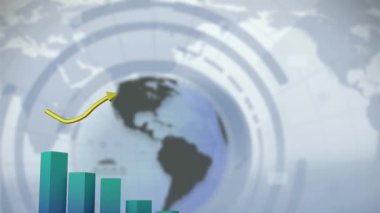 3d mavi ile yeşil blok grafiğinin animasyonu ve arkaplanda bir küre ile yukarı bakan sarı bir ok