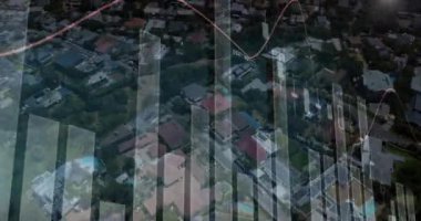 Veri işleme ve iş grafikleri ve şehir manzaralı istatistiklerin animasyonu 4k