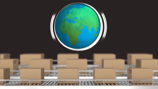 Animation Rows Cardboard Boxes Moving Conveyor Belts Globe Spinning — Stock Video