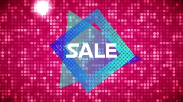 Animation Word Sale White Letters Blue Geometric Shapes Pink Glittering — Stock Video