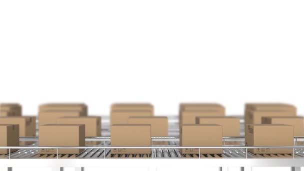 Animation Rows Cardboard Boxes Moving Conveyor Belts — Stock Video