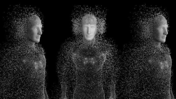 Animation Trois Corps Humains Formés Particules Grises Sur Fond Noir — Video