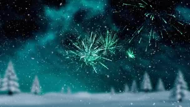 Animacja Słów Szczęśliwego Nowego Roku Zielonych Listach Musujących Fajerwerkami Tle — Wideo stockowe
