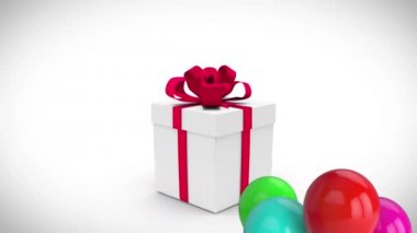 Yüzen kırmızı, pembe, mavi, yeşil ve sarı balonların animasyonu, beyaz arka planda uçuşan renkli konfetilerle mevcut açıklık