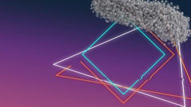 Mor zemin üzerinde geometrik şekillerin ana hatları olan gri parçacıklardan oluşan hareket eden insan büstü animasyonu