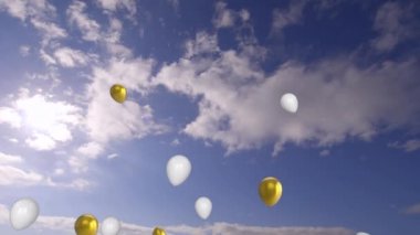 Mavi gökyüzü ve arka planda bulutlarla yüzen beyaz ve altın balonların animasyonu