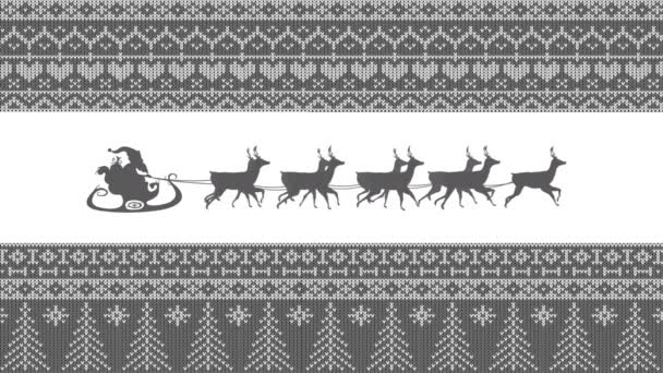 Animation Grey Silhouette Santa Claus Sleigh Being Pulled Reindeers White — Stock Video