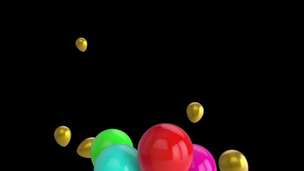 Animace Červených Růžových Modrých Zelených Žlutých Zlatých Balónků Plovoucích Černém — Stock video