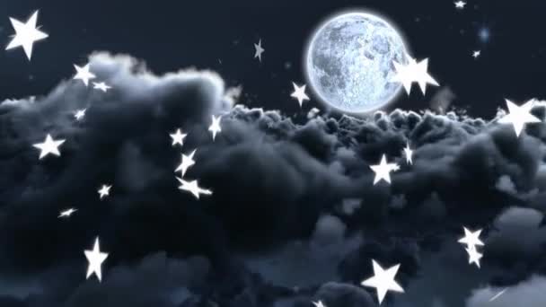 Animation Falling Stars Clouds Moon Grey Background — Stock Video