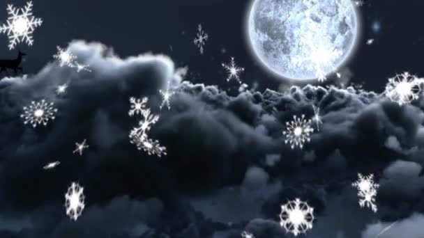 Анимация Падающих Снежинок Санта Клауса Санях Тянут Северные Олени Облака — стоковое видео
