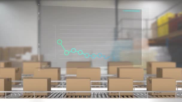 Animation Rows Cardboard Boxes Moving Conveyor Belts Graph Computer Screen — Stock Video