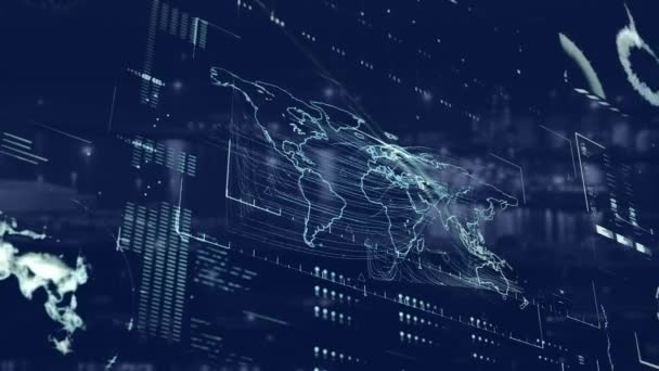 Animation de graphiques et traitement de données sur fond bleu foncé 