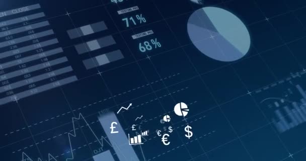 Animation White Currency Symbols Graphs Moving Camera Data Processing Blue — Stock Video