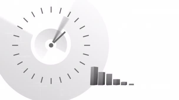 白い背景の動きの速い時計で変化する統計を示す3Dグレーのブロックグラフのアニメーション — ストック動画