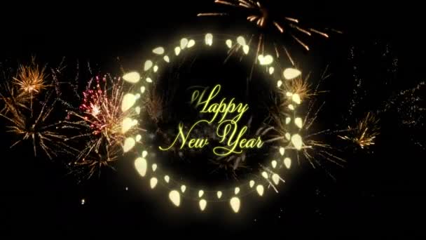 言葉のアニメーション黄色の文字で幸せな新年黒を背景に花火と輝く妖精の光のフレーム — ストック動画