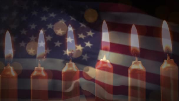 Animación Velas Encendidas Encendiendo Parpadeando Luces Con Una Bandera Estadounidense — Vídeo de stock