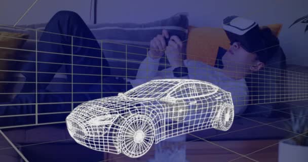 背景にゲームコントローラとVrヘッドセットを使用して移動グリッドと若い男と白で車の3D技術図面のアニメーション4K — ストック動画