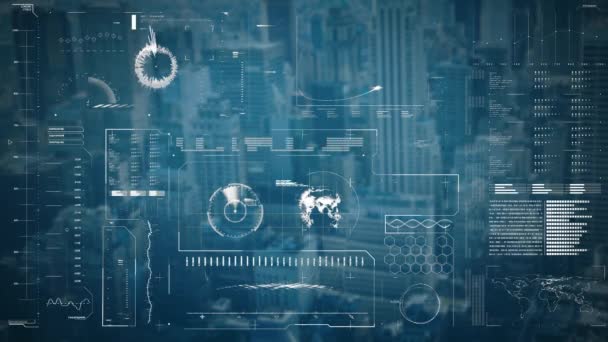 Animation du traitement des données et des graphiques d'entreprise et des statistiques avec paysage urbain en arrière-plan 