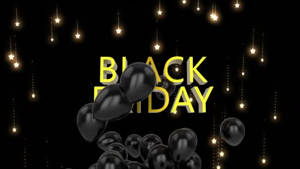 Animación Las Palabras Viernes Negro Letras Amarillas Con Globos Negros — Vídeo de stock