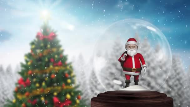 Animation Santa Claus Holding Holding Sack Dancing Snow Globe Decorated — Stock Video